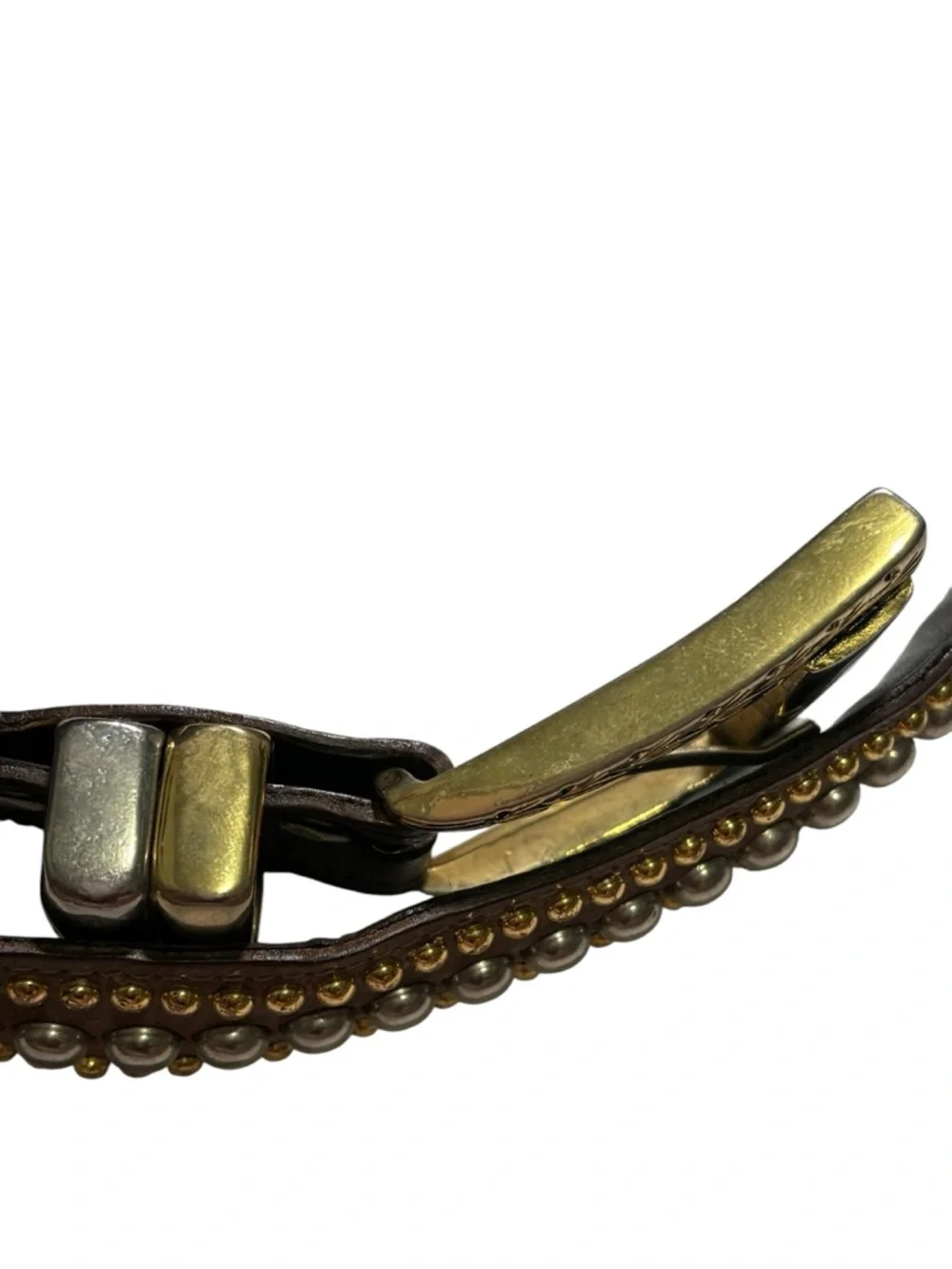 Vintage Sand Castle USA Studded Leather Western Belt Brown Gold Silver Rodeo